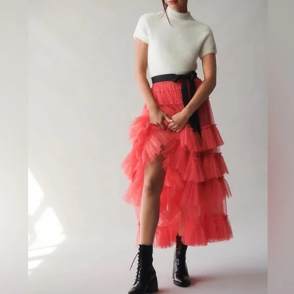 NEW Anthropologie Nikasha women Tiered pink Tulle skirt size large
